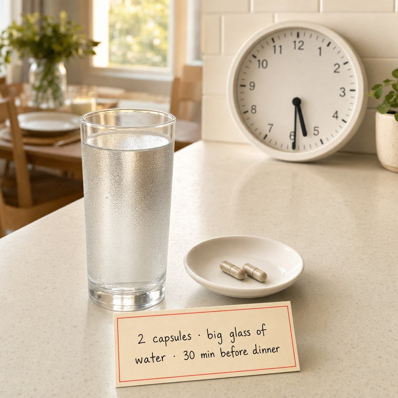 ONE RULE, NOT A MEAL PLAN.TWO CAPSULES, WATER, THIRTY MINUTES BEFORE DINNER.